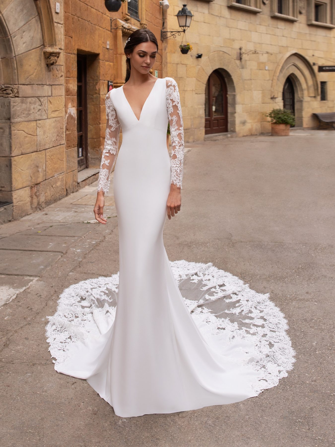 Pronovias Illusion Long Sleeve V Neckline Crepe Sheath Wedding Dress 34144790 1350x1800 1 