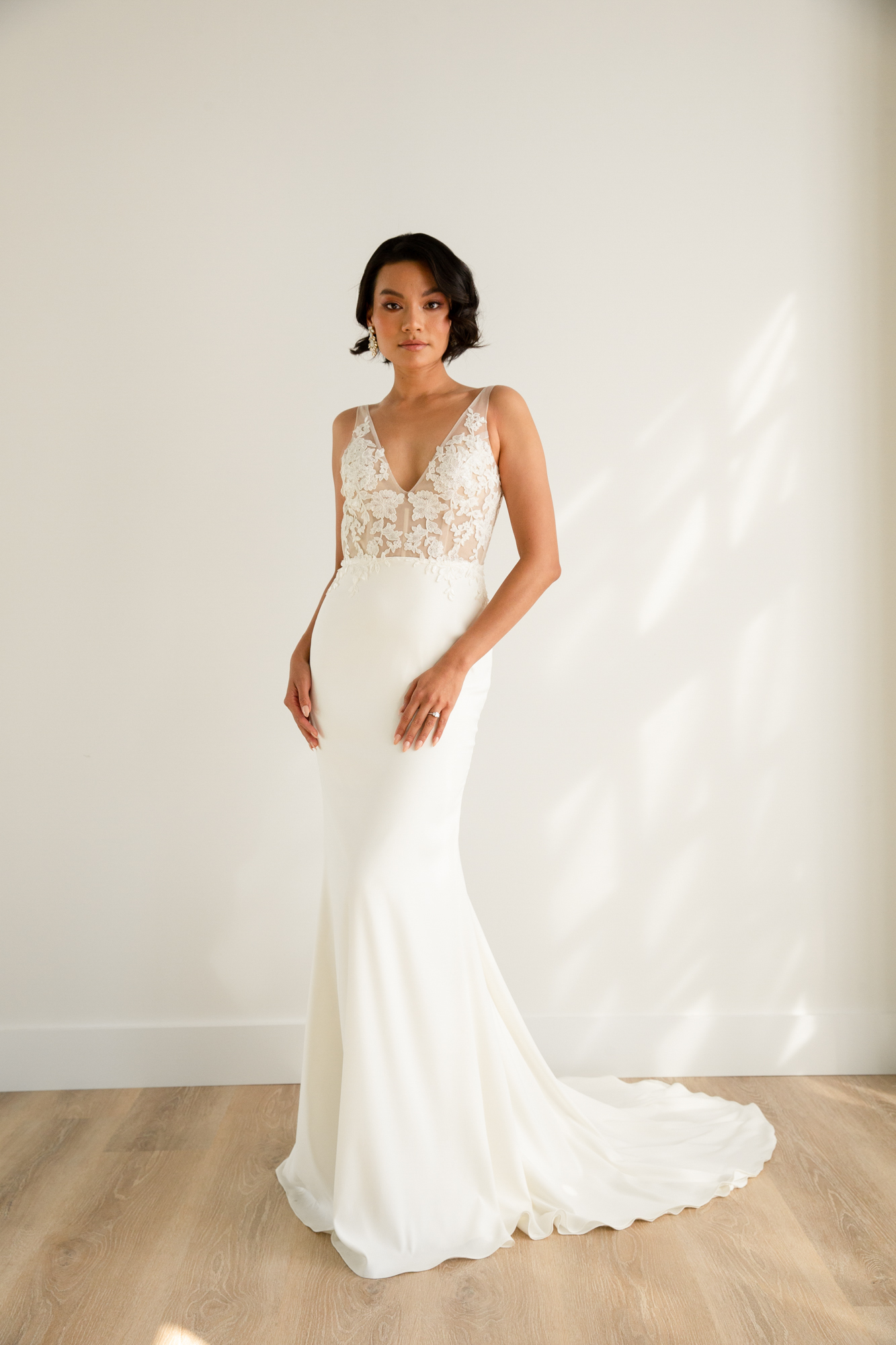 v neck sheath wedding gown