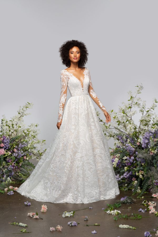 Long Sleeve V Neckline A Line Lace Wedding Dress With Sparkle Embroidery Kleinfeld Bridal