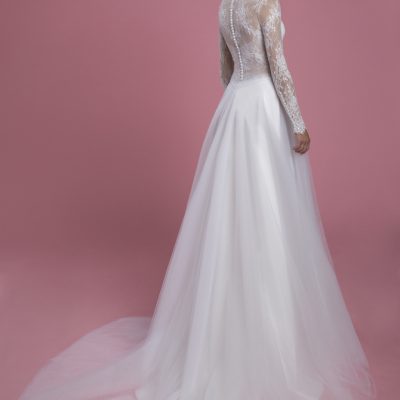 Long Sleeve Mock Neck Lace A-line Wedding Dress With Tulle Skirt