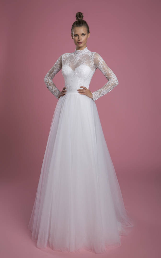 Long Sleeve Mock Neck Lace A Line Wedding Dress With Tulle Skirt
