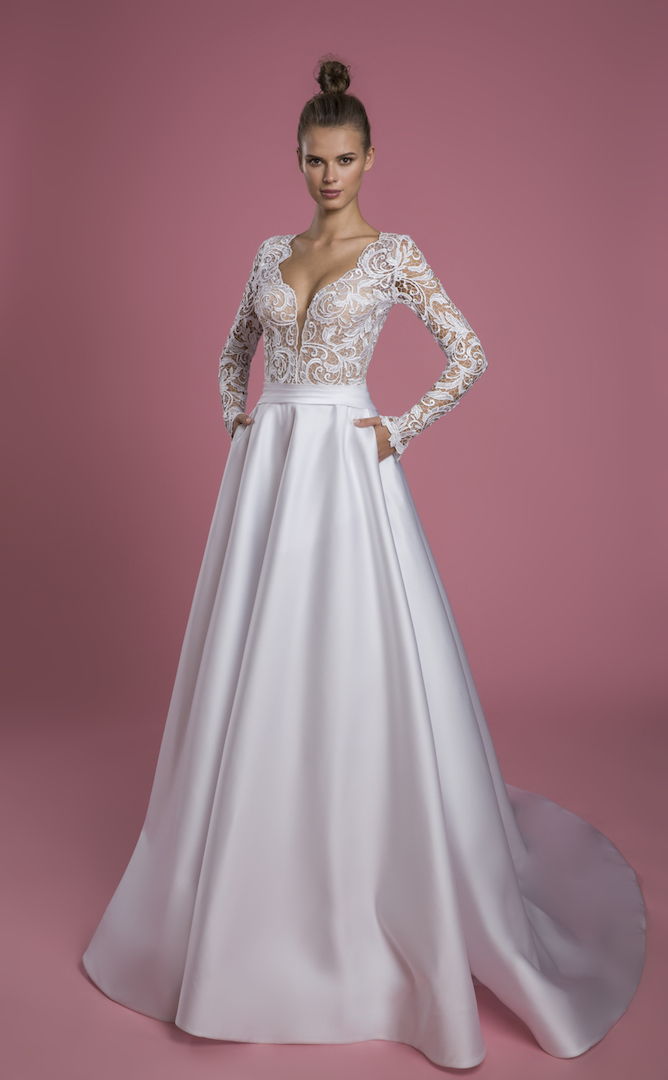 Long Sleeve V neck A line Wedding Dress With Lace Bodice And Satin Skirt Kleinfeld Bridal