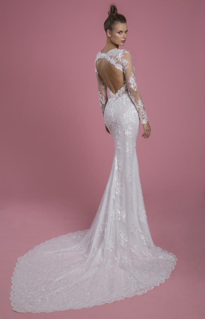 Long Sleeve V-neckline Lace Sheath Wedding Dress | Kleinfeld Bridal
