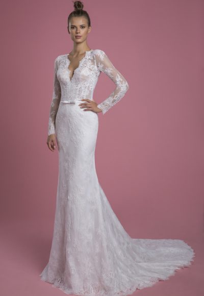 Long Sleeve V-neck A-line Wedding Dress With Lace Bodice And Satin Skirt