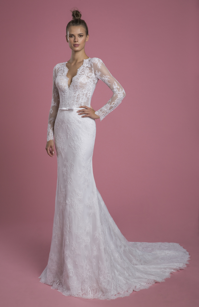 Long Sleeve V neckline Lace Sheath Wedding Dress With Matching Overskirt Kleinfeld Bridal