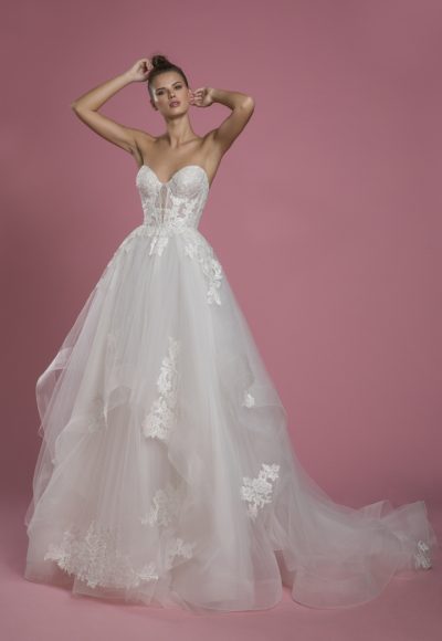 Strapless Sweetheart Neckline Ball Gown Layered Tulle Skirt Wedding Dress With Lace Bodice by P by Pnina Tornai