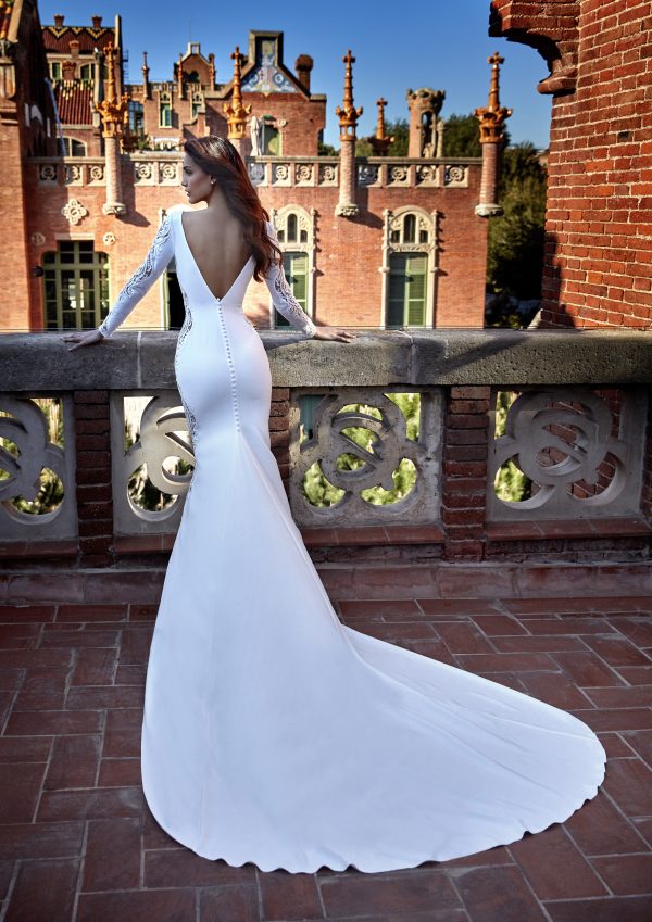 Long Sleeve V Neckline Sheath Wedding Dress With Lace Inserts