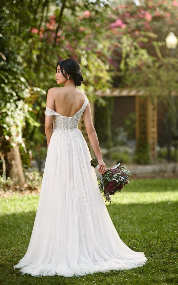 off the shoulder asymmetrical wedding dress