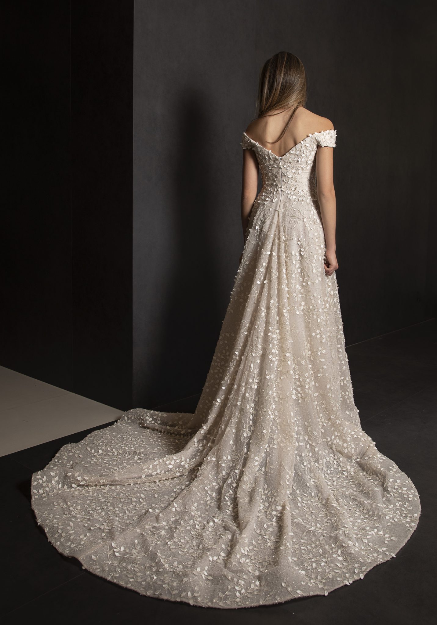 Off The Shoulder A-line Wedding Dress With 3D Leafs Throughout ...