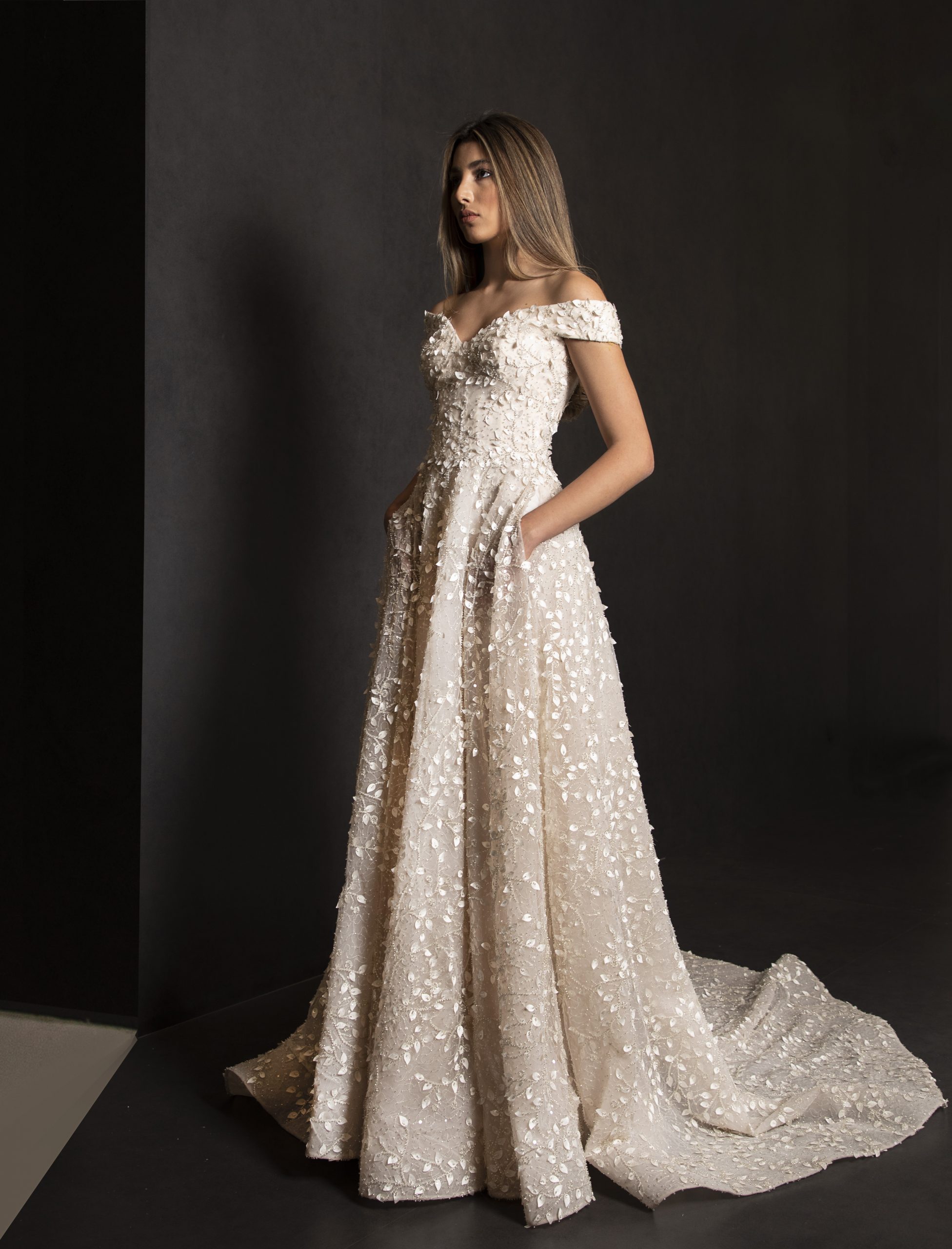 Off The Shoulder A-line Wedding Dress With 3D Leafs Throughout ...