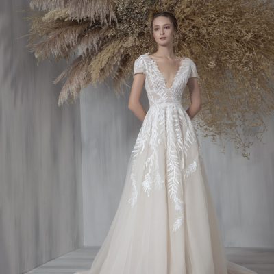 Short Sleeve V-neckline A-line Wedding Dress With Embroidered Tulle ...