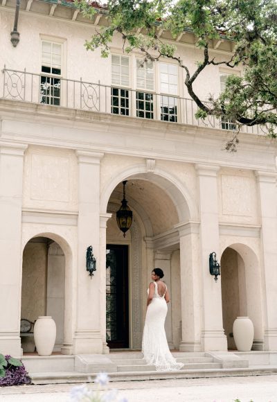 ALL OVER LACE V-NECK SEQUIN APPLIQUE FIT AND FLARE WEDDING DRESS by Love by Pnina Tornai - Image 2