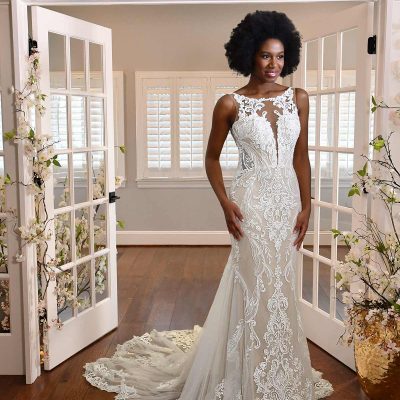 HIGH-NECK LACE WEDDING DRESS WITH SHEER DETAILS | Kleinfeld Bridal