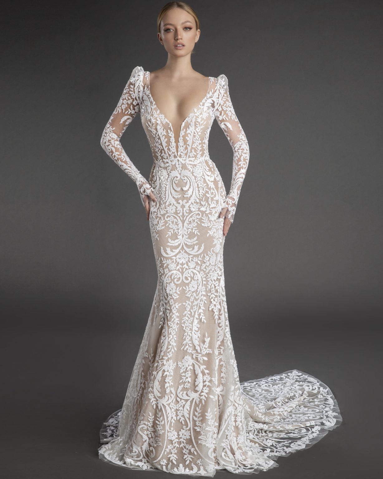All Over Lace Long Puff Sleeve Sheath Wedding Dress With Plunging V Neckline Kleinfeld Bridal 7444