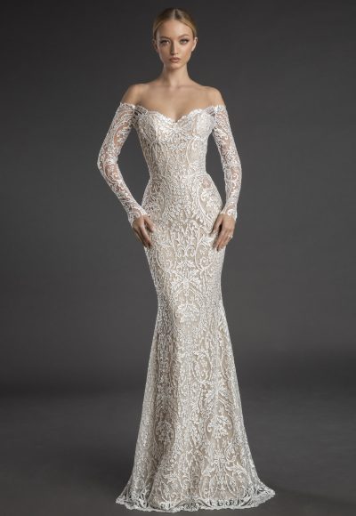 ALL OVER LACE V-NECK SEQUIN APPLIQUE FIT AND FLARE WEDDING DRESS ...
