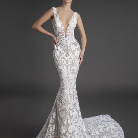 Sleeveless Plunging V-neckline Lace Sheath Wedding Dress | Kleinfeld Bridal