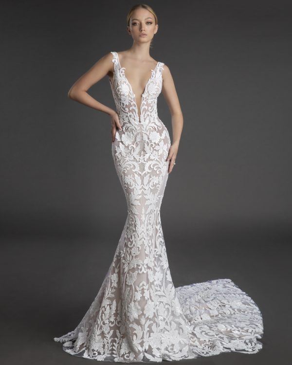 Sleeveless Plunging V Neckline Lace Sheath Wedding Dress Kleinfeld Bridal 8329
