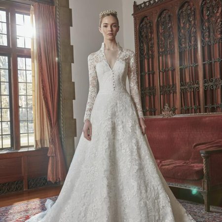 Long Sleeve Lace Collar Neckline Ball Gown Wedding Dress | Kleinfeld Bridal