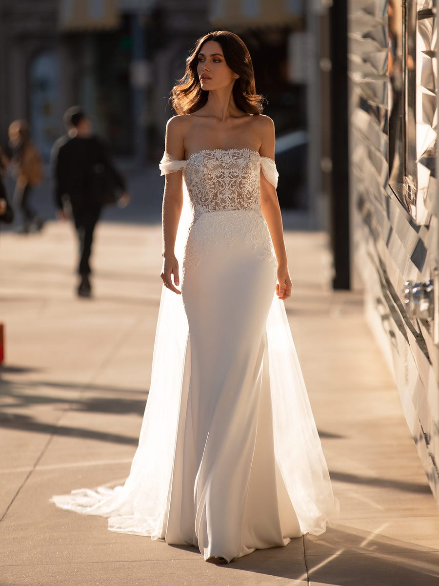 Off The Shoulder Mermaid Wedding Dress With Crystal Encrusted Bodice And Crepe Skirt Kleinfeld