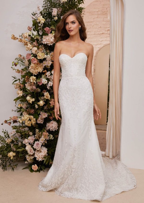 Strapless Beaded Lace Fit And Flare Wedding Dress With Sweetheart Neckline