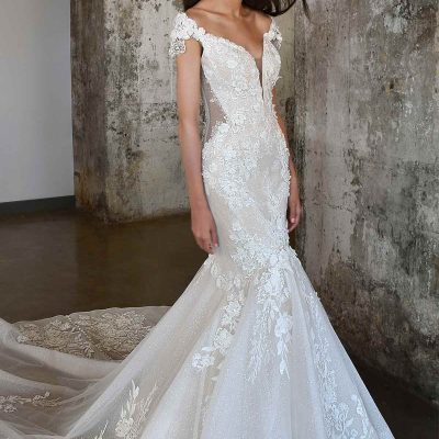 GLAMOROUS FIT-AND-FLARE WEDDING DRESS WITH CAP SLEEVES | Kleinfeld Bridal
