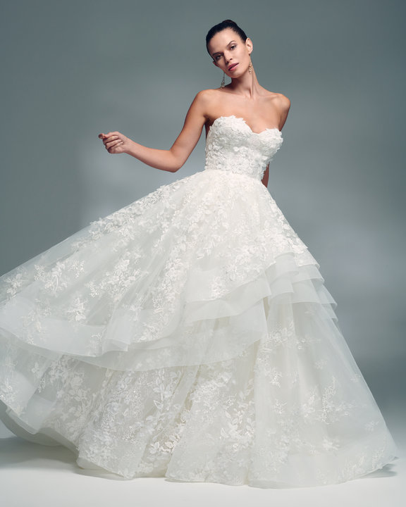 Satin V-neck Ball Gown Wedding Dress With Floral Lace Skirt