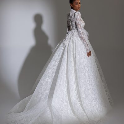 High Collar Long Puff Sleeve Lace Ballgown Wedding Dress | Kleinfeld Bridal