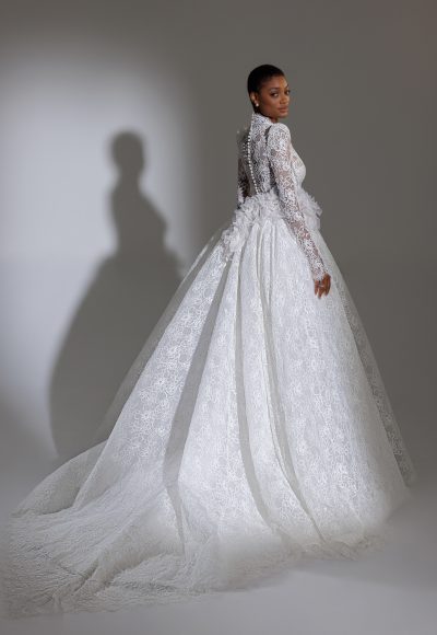 High Collar Long Puff Sleeve Lace Ballgown Wedding Dress by Pnina Tornai - Image 2