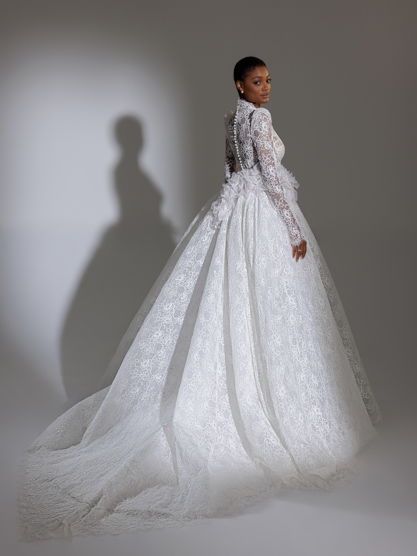 High Collar Long Puff Sleeve Lace Ballgown Wedding Dress | Kleinfeld Bridal