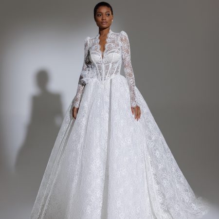 High Collar Long Puff Sleeve Lace Ballgown Wedding Dress | Kleinfeld Bridal