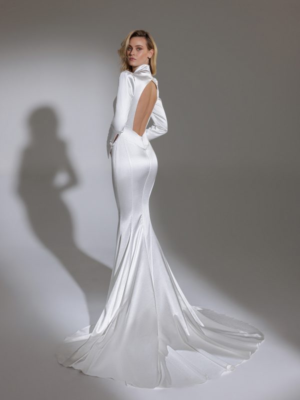 Long Puff Sleeve Neck Stretch Satin Fit And Flare Wedding Dress | Kleinfeld Bridal