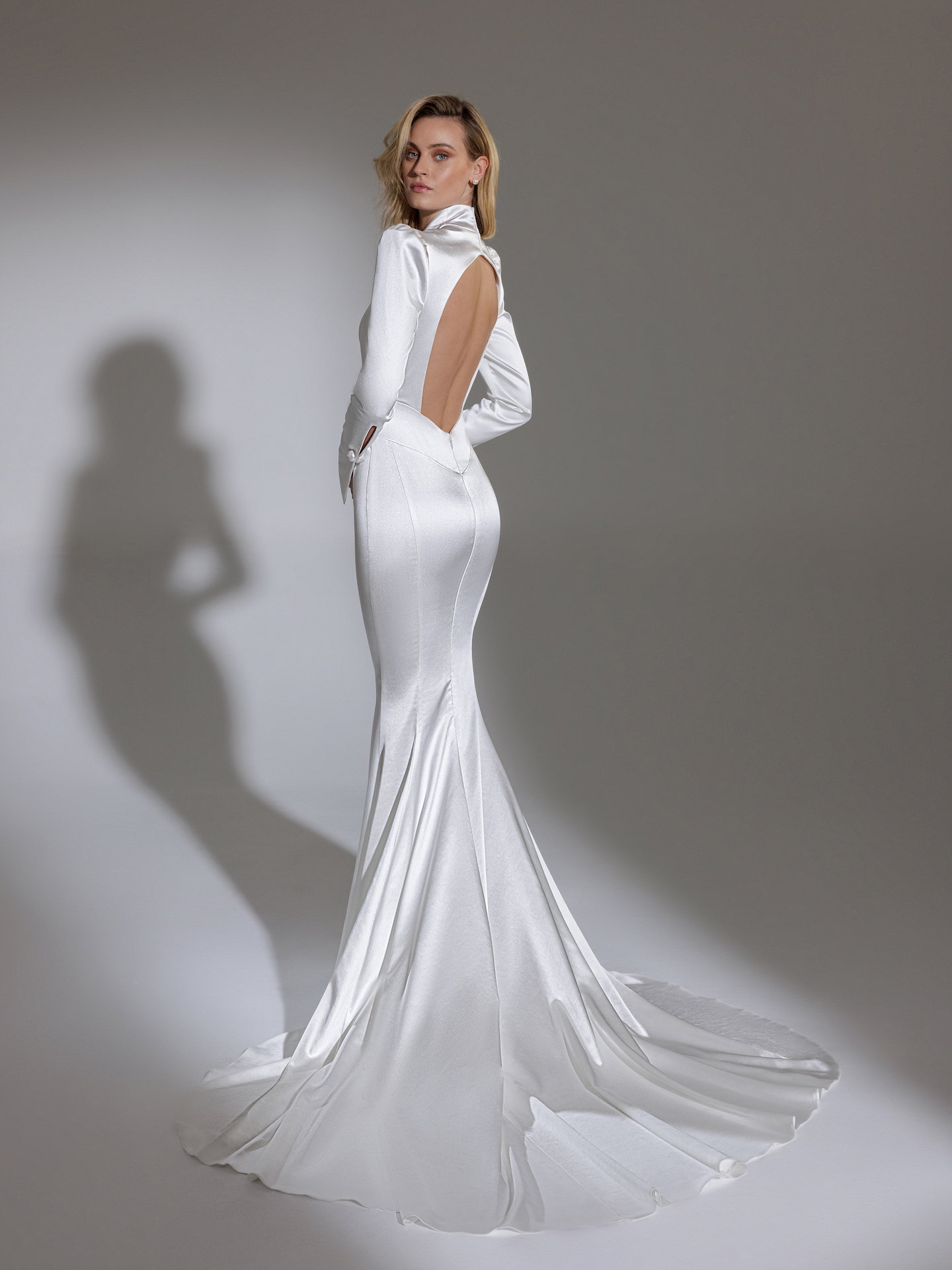 Long Puff Sleeve High Neck Stretch Satin Fit And Flare Wedding Dress ...