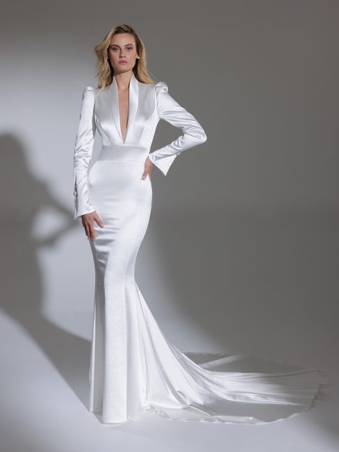 Long Puff Sleeve High Neck Stretch Satin Fit And Flare Wedding Dress ...