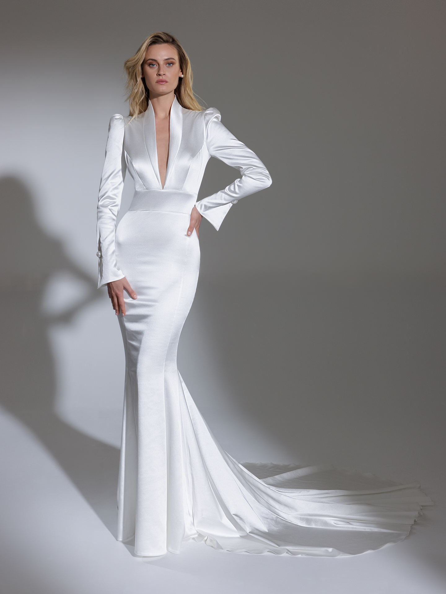 Long Puff Sleeve High Neck Stretch Satin Fit And Flare Wedding Dress Kleinfeld Bridal 6527
