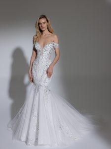Off The Shoulder V-neckline Embroidered Lace Mermaid Wedding Dress ...