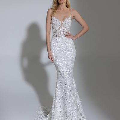 Sleeveless V Illusion Neckline Glitter Lace Sheath Wedding Dress ...