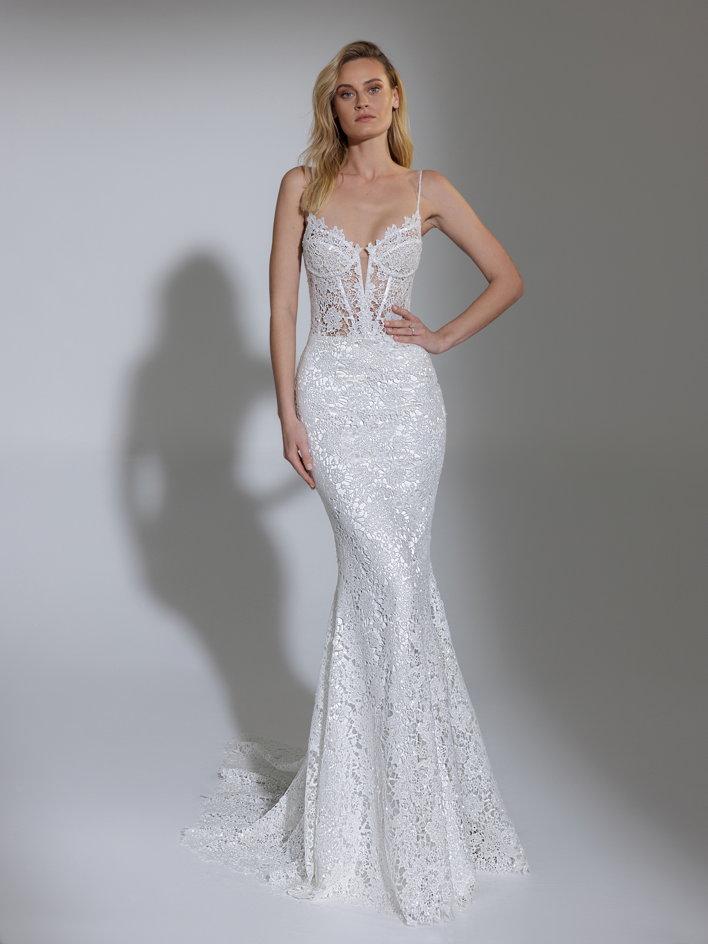Sleeveless V Illusion Neckline Glitter Lace Sheath Wedding Dress |  Kleinfeld Bridal