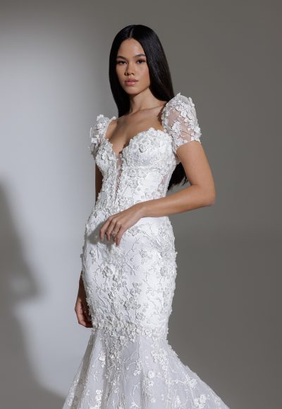 Strapless Deep V Illusion Neckline Floral Lace Mermaid Wedding Dress by Pnina Tornai - Image 2