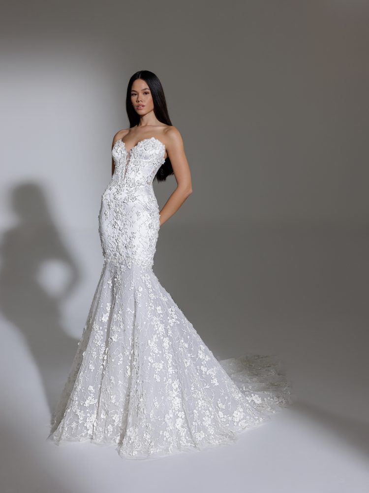 Strapless Deep V Illusion Neckline Floral Lace Mermaid Wedding Dress ...