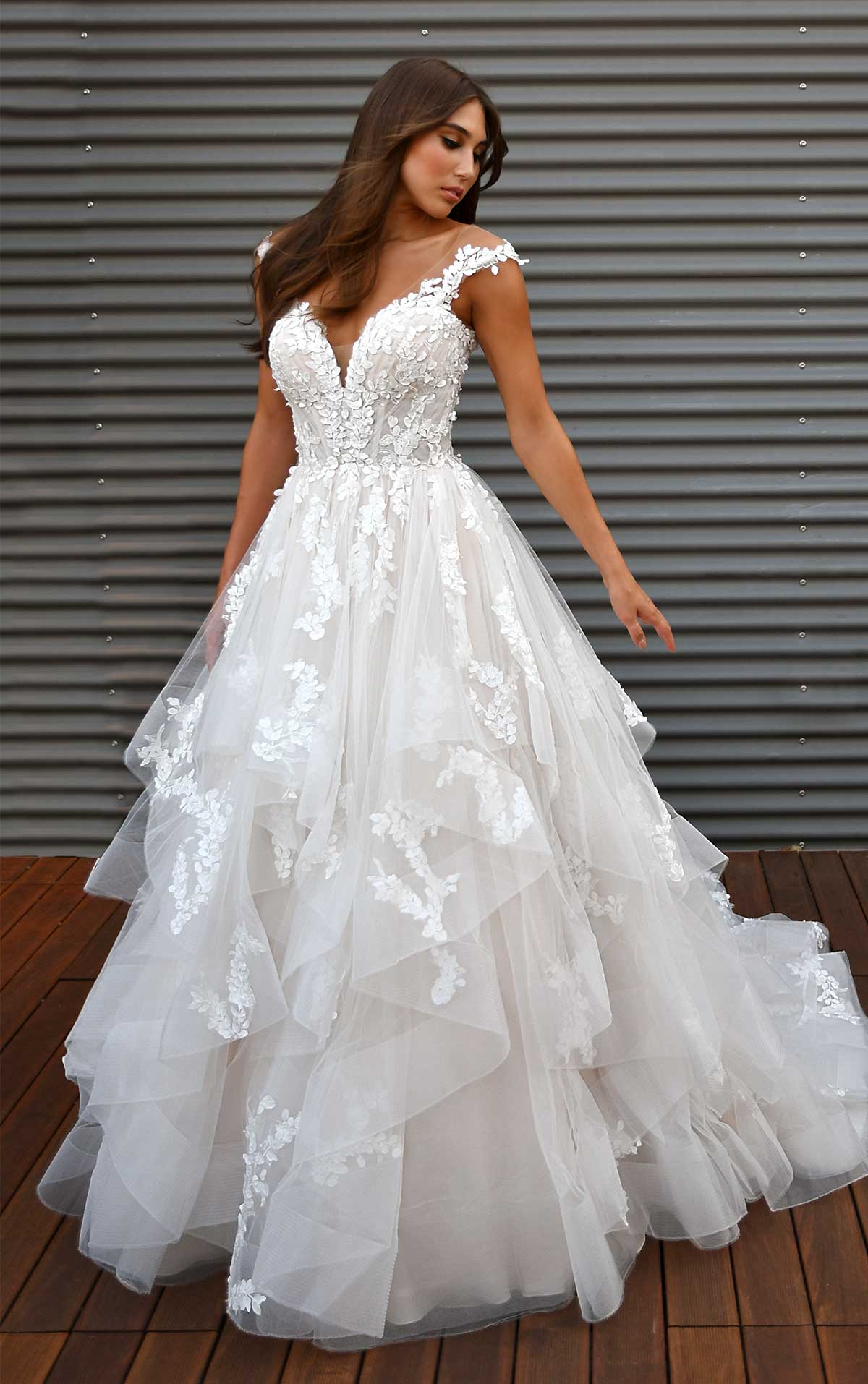 Bordeaux Strapless Lace Wedding Gown with Scallop Hem