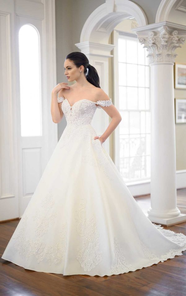 Long Sleeve Off The Shoulder Sheath Wedding Dress With Lace Bodice And  Train