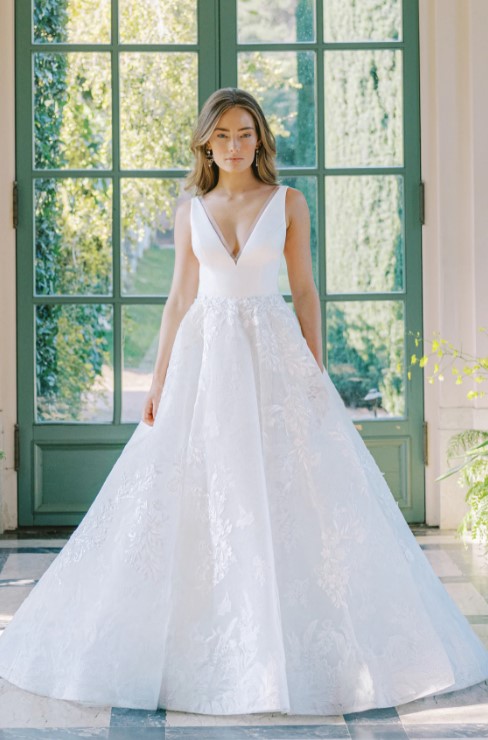 Satin V-neck Ball Gown Wedding Dress With Floral Lace Skirt | Kleinfeld  Bridal