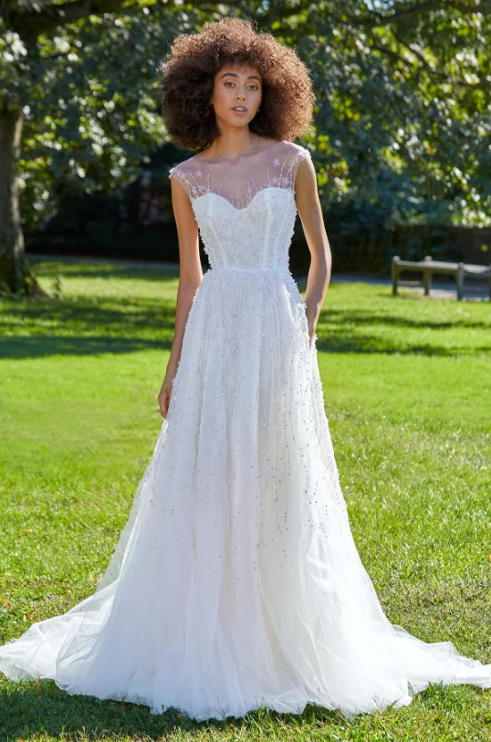 Cap Sleeve Beaded A-line Wedding Dress With Illusion Neckline
