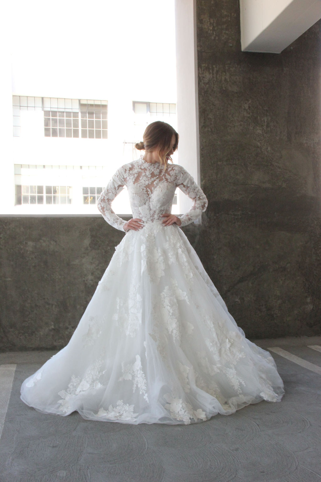 High Neck Lace Ballgown Wedding Dress With Long Sleeves