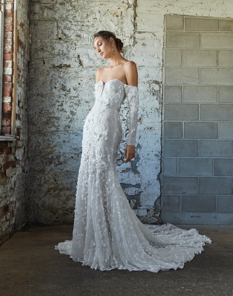 3D Floral Lace Fit Flare Wedding Dress With The Shoulder Long Sleeves | Kleinfeld