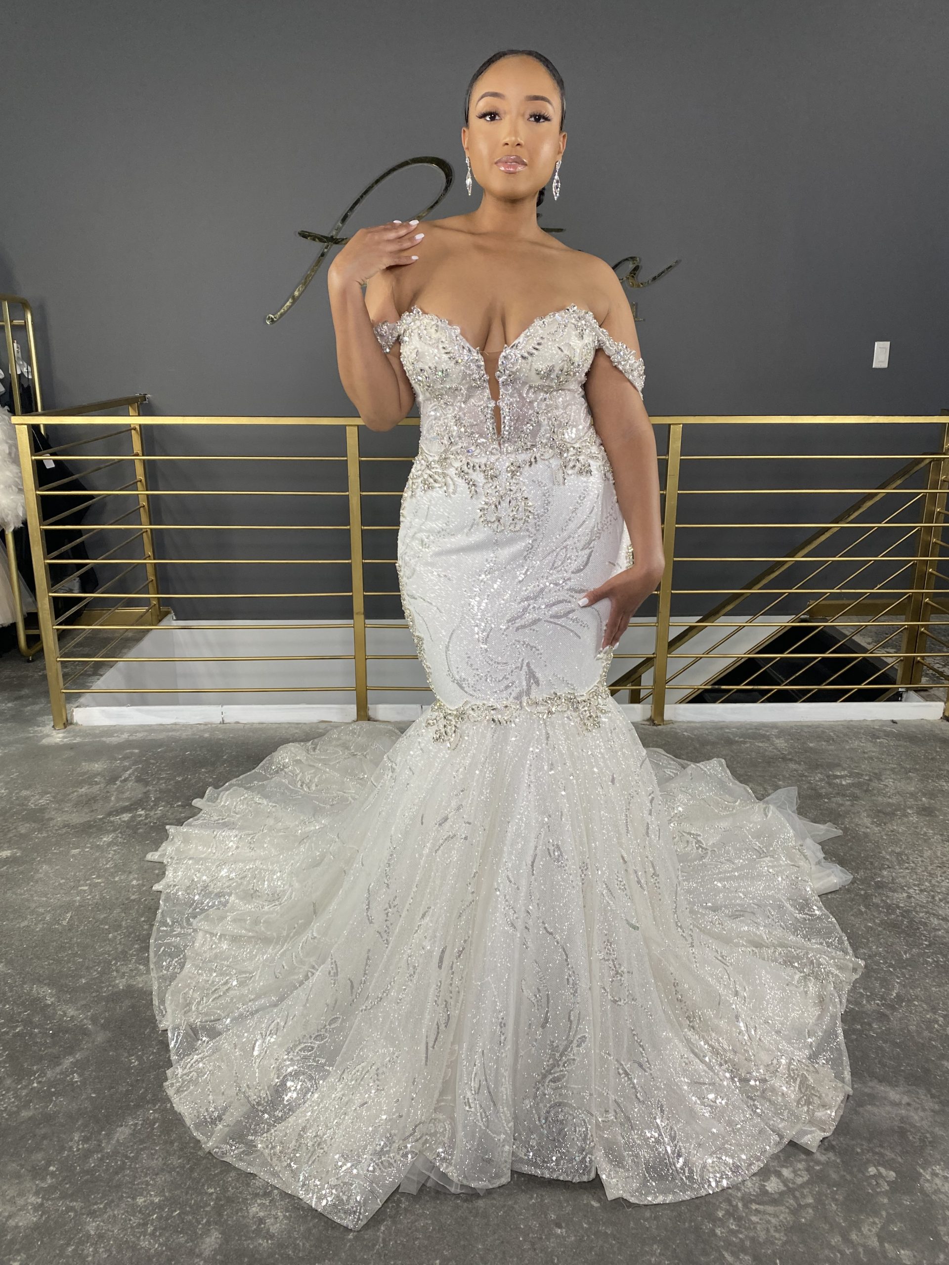 Pantora Bridal Off The Shoulder Deep V Neckline Mermaid Wedding Dress With Sequins And Bling 34472928 Scaled 