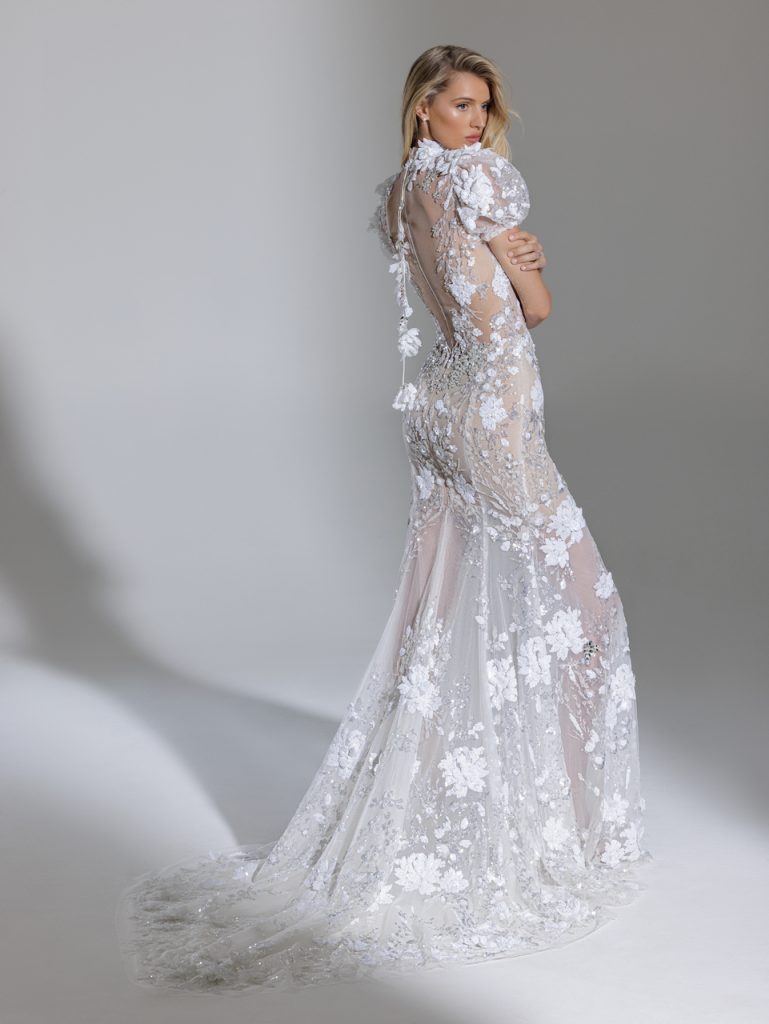 Short Sleeve High Neckline Sequin Lace Wedding Dress With High Slit ...