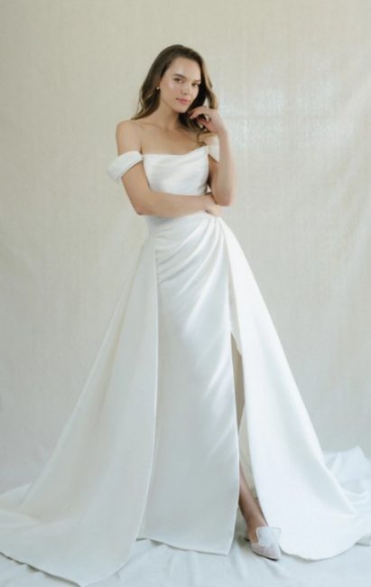 Off The Shoulder A-line Wedding Dress With Attached Overskirt ...