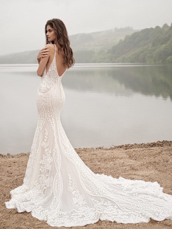 Spaghetti Strap Beaded Lace Fit And Flare Wedding Dress With Open