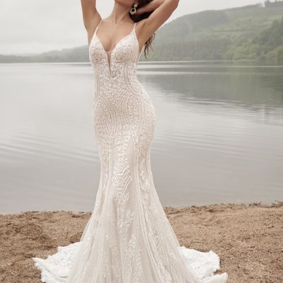 Spaghetti Strap Beaded Lace Fit And Flare Wedding Dress With Open Back ...